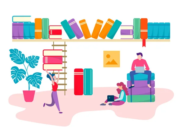 Öğrencilerimizin Sınavlara Gençler Için Kitaplar Kütüphane Kütüphaneci Çalışmada Getiriyor Vektör — Stok Vektör