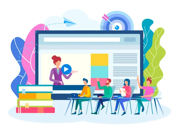  Çevrimiçi eğitim, Grup dersleri, seminerler, atölye çalışmaları. Online webinar, kolokyum, takım iş kavramı. Vektör çizim için sosyal medya pazarlama.