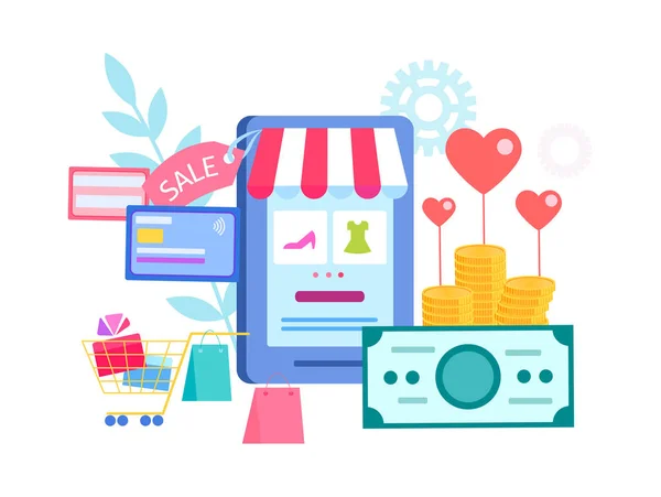 Bir Cep Telefonu Online Mağaza Sevgililer Günü Internet Üzerinde Kredi — Stok Vektör