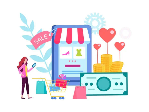 Γυναίκα Επιλέγει Δώρα Στο Ηλεκτρονικό Κατάστημα Online Αγορές Ψώνια Για — Διανυσματικό Αρχείο