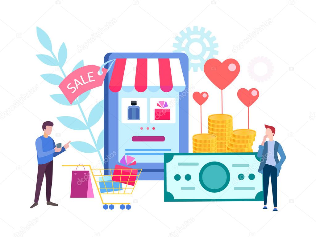 Men choose a gift in the online store online for Valentine's day for lovers. Vector illustration for social media marketing, posters and presentations