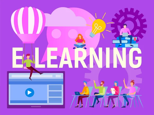 Ηλεκτρονική Μάθηση Learning Έννοια Επιγραφή Learning Και Φοιτητές Λαμβάνουν Εκπαίδευση — Διανυσματικό Αρχείο