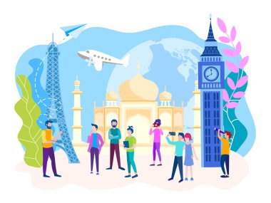 Taj Mahal, Eyfel Kulesi ve Big Ben rehberli tur, seyahat kavramı. Sosyal medya, posterler, sunumlar için vektör çizim.