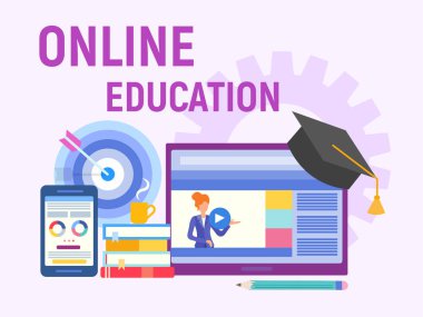 Web eğitim, online eğitim, Profesör internette öğretir. Yabancı dil eğitimi. Vektör çizim sosyal medya pazarlama ve bloglama için.
