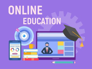 Online eğitim, webinar, atölye kavramı. Web eğitim, Profesör internette öğretir. Yabancı dil eğitimi. Vektör çizim sosyal medya pazarlama ve bloglama için.
