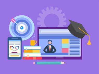 Online eğitim, internette bir uzaktan eğitim kursları kavramı. Vektör çizim için sosyal medya pazarlama, sunumlar, posterler.