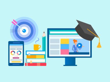 Bilgisayar, online eğitim, smartphone, kitap yığını ve bir fincan kahve, hedef. Online eğitim, internette bir uzaktan eğitim kursları kavramı. Vektör çizim için sosyal medya pazarlama, sunumlar, posterler.