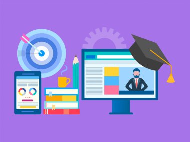 Online Seminer, webinar, atölye kavramı. Web eğitim, online eğitim, Profesör internette öğretir. Yabancı dil eğitimi. Vektör çizim sosyal medya pazarlama ve bloglama için.
