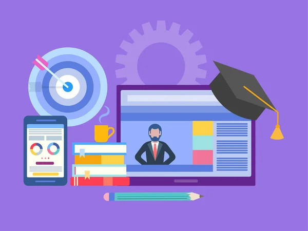 The concept of online education, courses on the Internet, a remote studying. Vector illustration for social media marketing, presentations, posters.