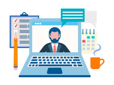 Konferans online, online kavramı eğitim online, iş. Vektör çizim sosyal medya pazarlama, afişler, bloglama için.