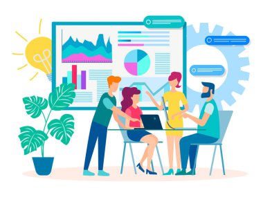 Ofiste, takım iş kavramı, kurulu infographics içinde belgili tanımlık geçmiş ile iş toplantısı