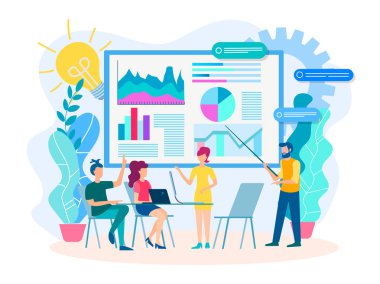Ofiste, pazarlamacı ile infographics, yazı tahtası, Toplantı çalışanların iş durumu değerlendirmek.