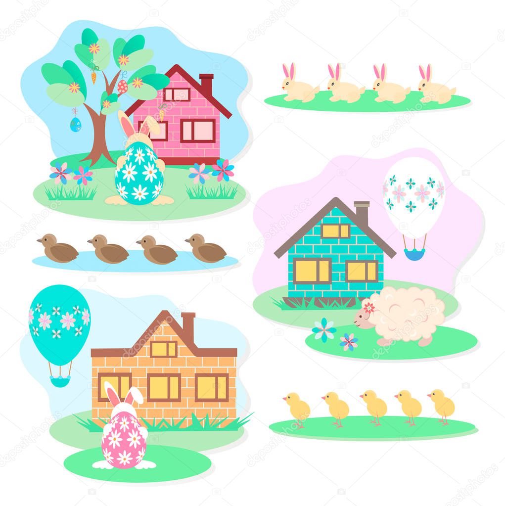 Un conjunto de imágenes de Pascua, la caza de huevos de Pascua, liebres ...
