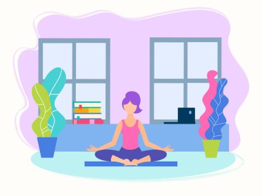 Lotus pozisyonu evde yoga yaparken kız