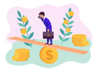 Yönetici Boss bir cep telefonu konuşurken, sikke kenarında kurulu dengelenmesi. Vektör Illustration, iş riskleri ve iş görüşmeleri kavramı.