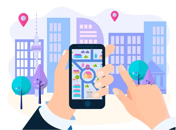 Rechercher un objet à l'aide de l'application de navigation en ligne pour téléphone portable — Image vectorielle