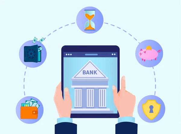 Online Internet Banking Konzept Vektor Illustration Tablet Den Händen Eines — Stockvektor