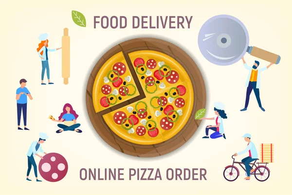 Les gens cuisinent pizza, livraison de pizza, commander en ligne . — Image vectorielle