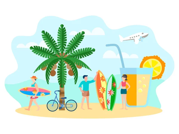 Personnages surfeurs sur la plage, une boisson rafraîchissante, copain coco — Image vectorielle