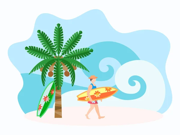 Turista con una tabla de surf . — Vector de stock