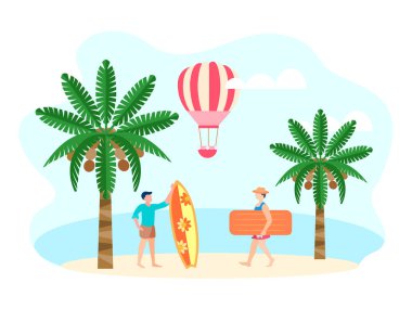 Okyanusta sörf tahtası ve hava yatağı olan erkekler. 