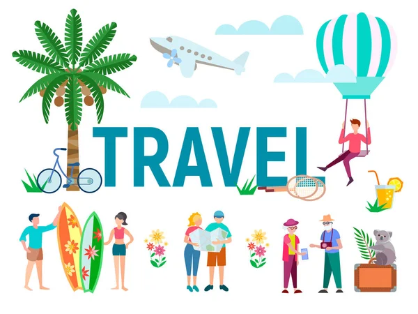 Turistas viajam para países tropicais, estudar o mapa, surfar no th — Vetor de Stock