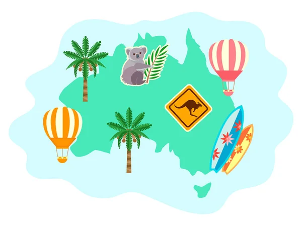 Australië silhouet met flora en fauna, palmbomen, Koala en — Stockvector