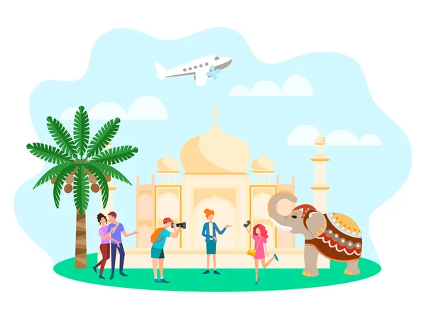 Tourists excursion near the Taj Mahal, photographed with an elep — Stock Vector