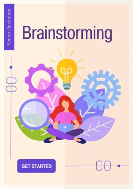 Genç kadın ampullerin altında oturmuş fikir arıyor.