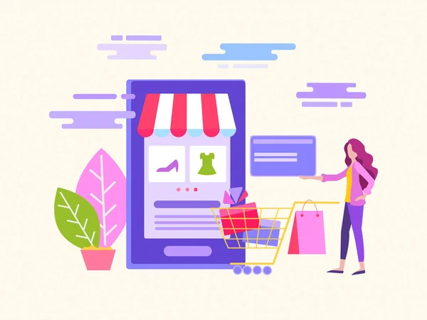 Online alışveriş yoluyla mal ve hediye satın alma ve teslim — Stok Vektör