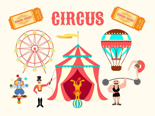 Artyści cyrku w pobliżu namiotu cyrkowego, diabelski młyn na targach, b — Wektor stockowy
