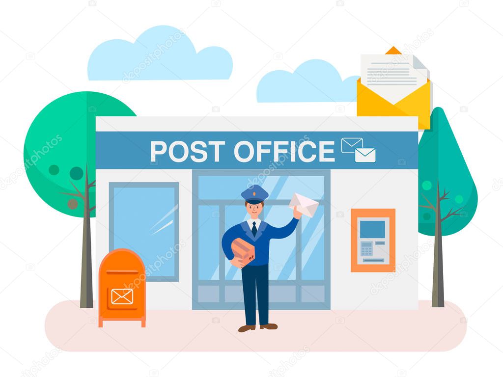Postman with parcel and envelope at the door in the background o