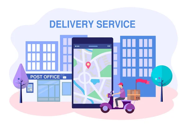 Um serviço de entrega de correio, um funcionário postal em uma moto entregar — Vetor de Stock