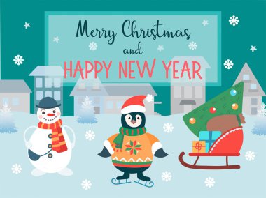 Noel ve yeni yıl tebrik kartı ve Noel karakterleri