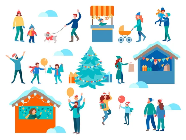 Kerstmarkt, versierde winkeltenten en versierde kerstmis — Stockvector