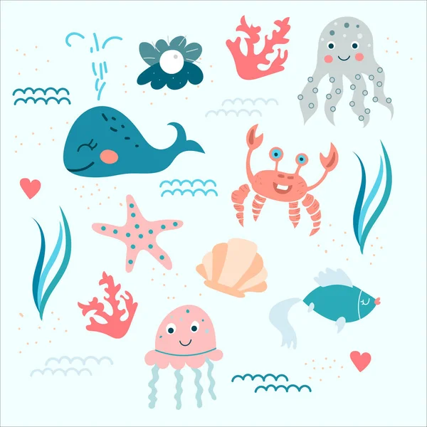 Океанічні тварини, світ моря, ілюстрації Вектора в дитячому стилі — стоковий вектор