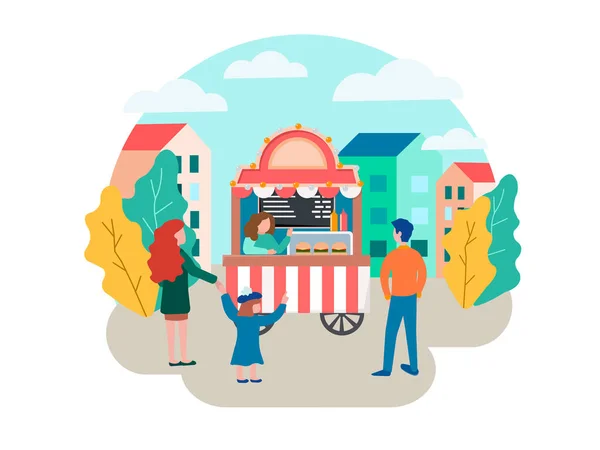 A young family chooses burgers near a fast food kiosk, street fo — Stock Vector