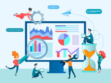 Ofis konsepti Vektör illüstrasyonunda takım çalışması. Pazarlamacılar, tasarımcılar, programcılar etkili web sitesi analizleri kurdular