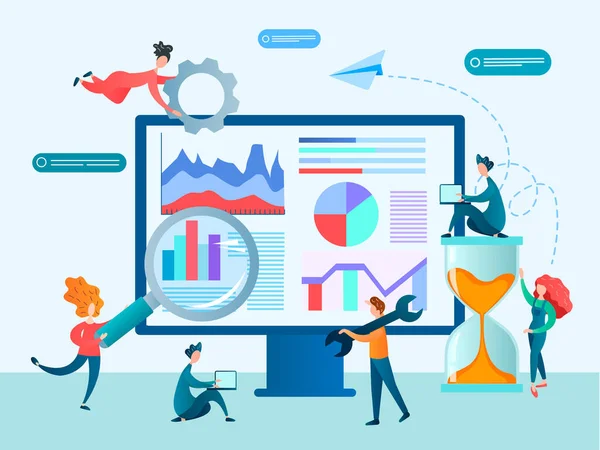 Ofis konsepti Vektör illüstrasyonunda takım çalışması. Pazarlamacılar, tasarımcılar, programcılar etkili web sitesi analizleri kurdular