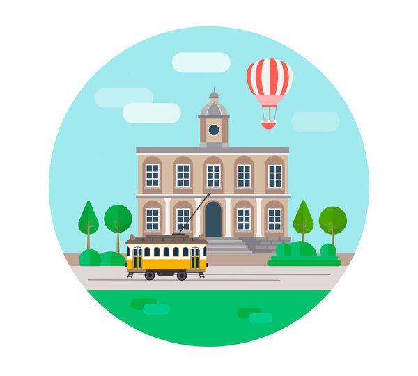 Круглый плакат В центре старого года, ратуша и трамвай пересекают площадь, путешествуют по Европе концептуальной векторной иллюстрацией
