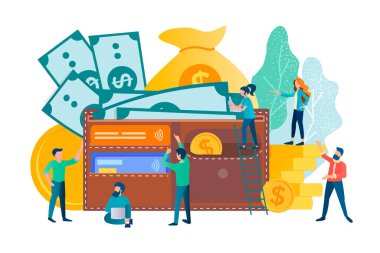 Küçük insanlar birikir ve kârı dikkate alırlar, cüzdan para, kredi kartı ve banknotlar nakit yatırımın ve kârın sembolüdür. Finansal ödeme konsepti vektör illüstrasyonu.