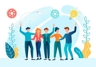 Başarılı bir girişim, takım çalışması, gelir büyüme vektörü illüstrasyonu kavramı. Bir elin arka planında, mutlu ve başarılı genç bir ekip..