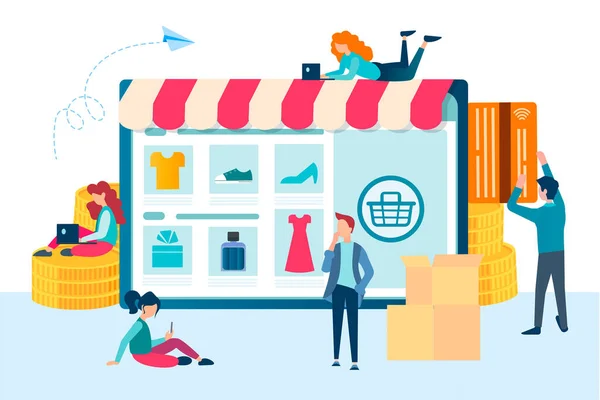 Online Shopping Konzept Vektorillustration Menschen Tätigen Einkäufe Bezahlen Online Mit — Stockvektor