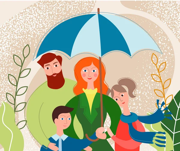 Happy Family Dad Mom Daughter Son Umbrella Background Autumn Landscape — Stock Vector