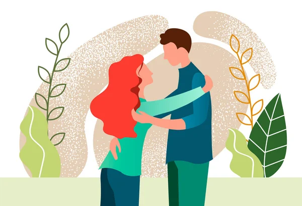 Felices Amantes Abrazándose Pareja Joven Enamorada Fondo Naturaleza Ilustración Para — Vector de stock