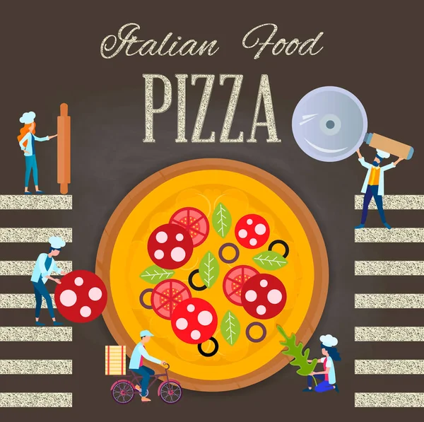 Italiensk Mat Pizza Tiny Människor Little Chefs Förbereda Läckra Pizza — Stock vektor