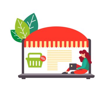 Kızın biri bilgisayar monitöründen indirimli ürünler sipariş ediyor. Çevrimiçi Alışveriş Kavram Vektörü İllüstrasyonu