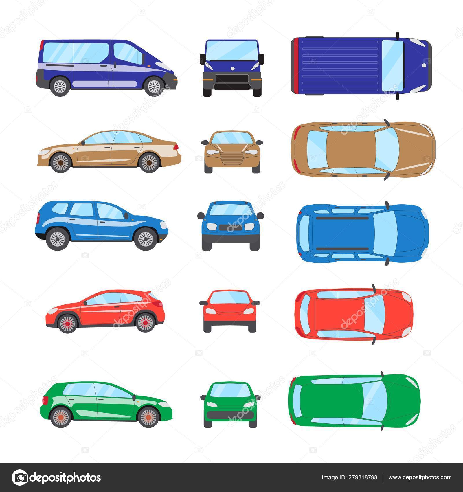 Different transportation car. Sedan car, hatchback, universal car, suv,  van, mini car set. Vehicle collection in top, front, side view. Auto  concept cartoon design. Vector Stock Vector by ©whilerests 279318798