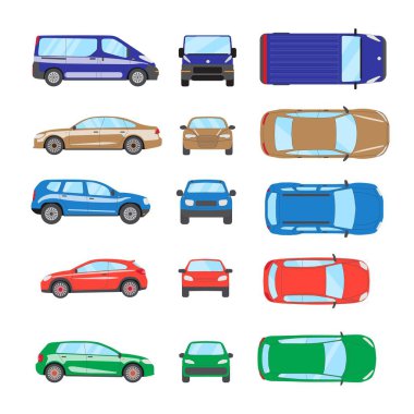 Farklı ulaşım arabası. Sedan araba, hatchback, evrensel araba, suv, van, mini araba seti. Araç koleksiyonu üst, ön, yan görünüm. Otomatik konsept karikatür tasarımı. Vektör