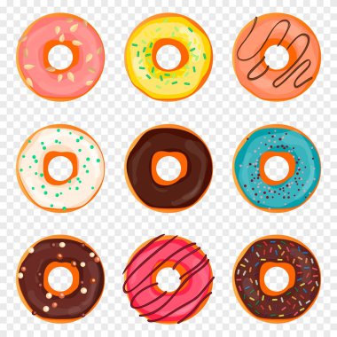 Şeffaf arka plan üzerinde izole sprinkles ve çikolata ile Donut. Halka flaat tarzında sır içine, donut üst görünüm simgesi seti. Vektör
